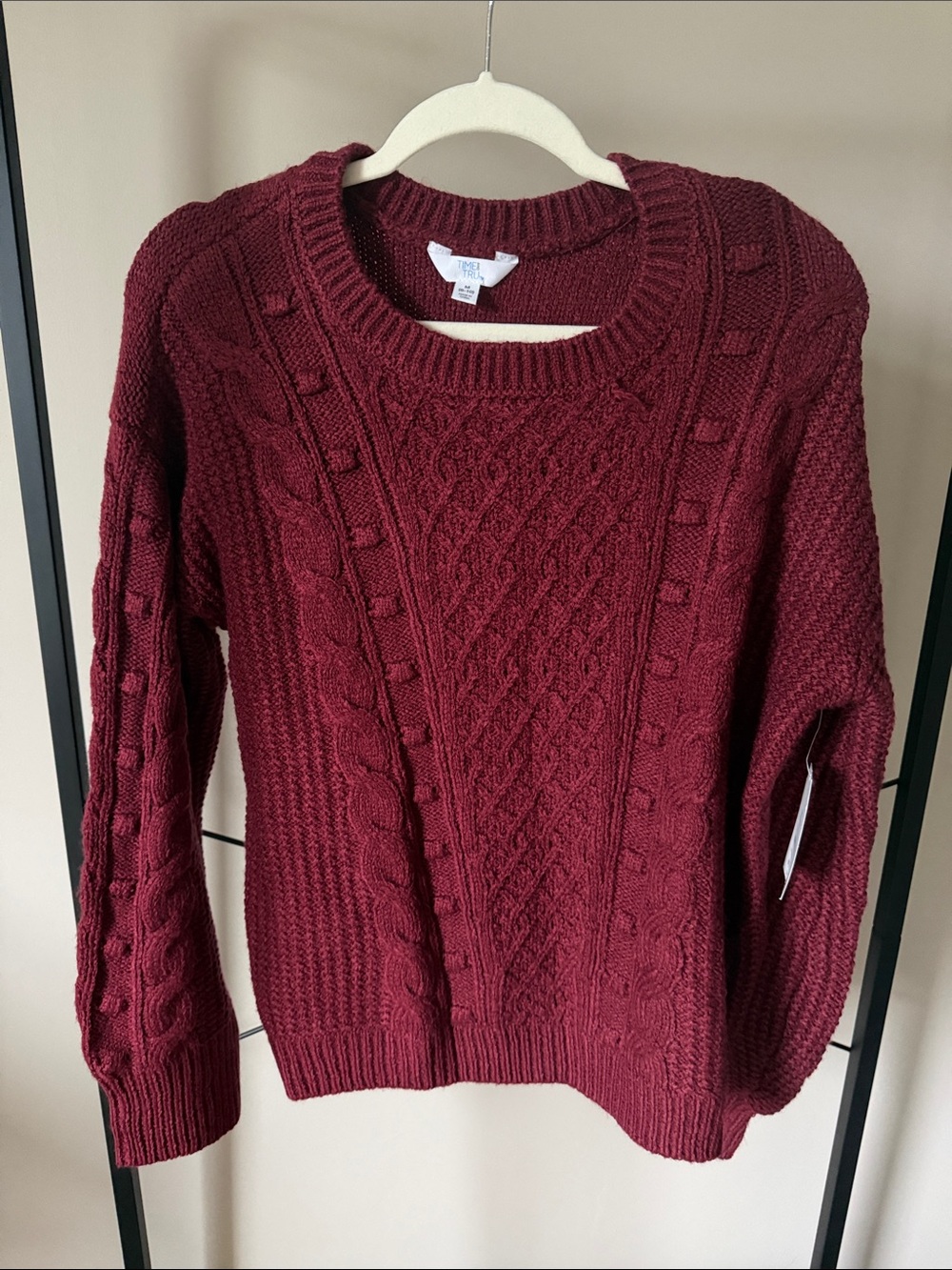 Time and Tru Cable Knit Crewneck Sweater - Burgundy
